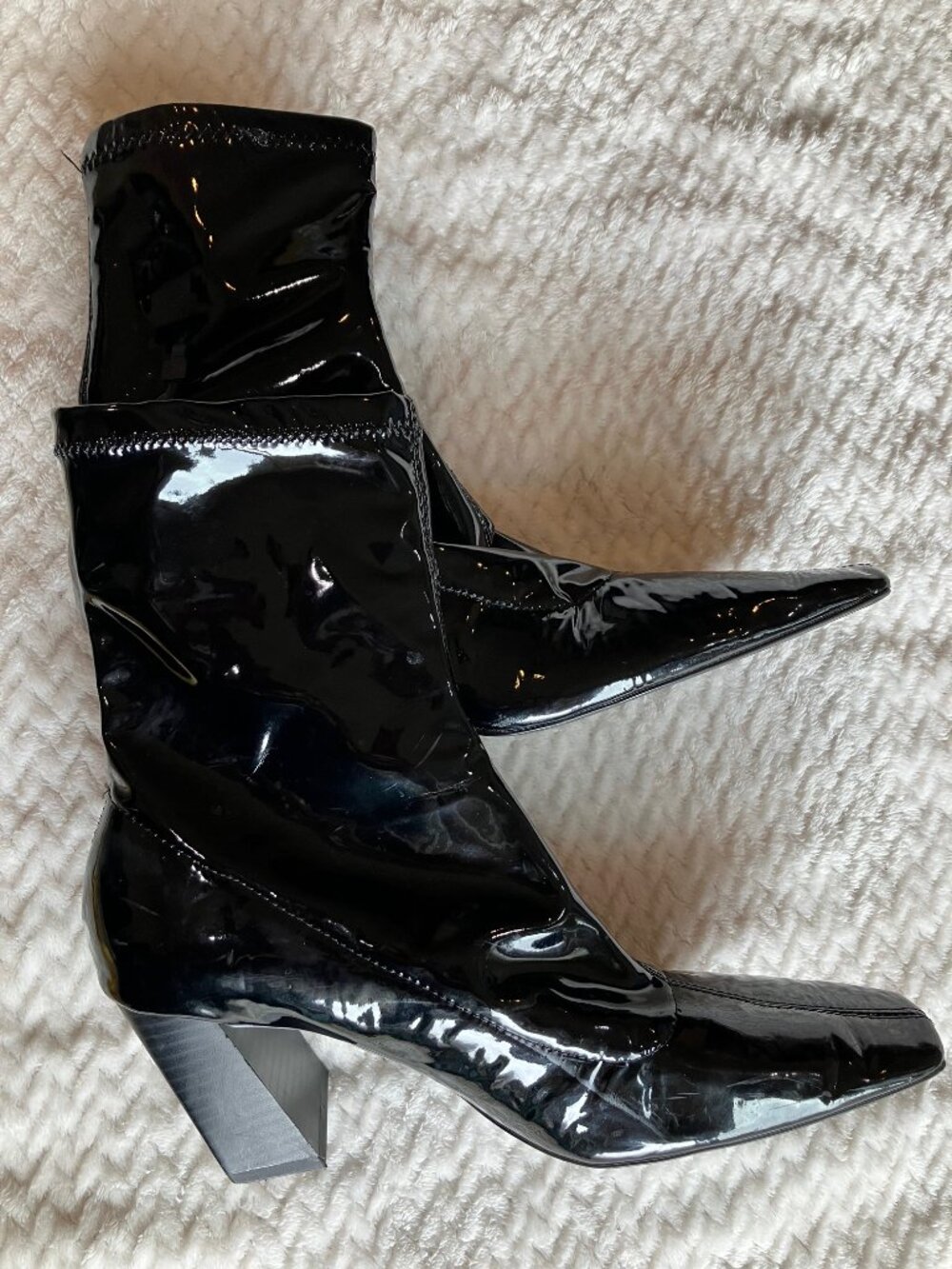 Zara Womens 38/7.5 Black Patent Ankle Boots Square Toe Block Heel Y2K Glossy